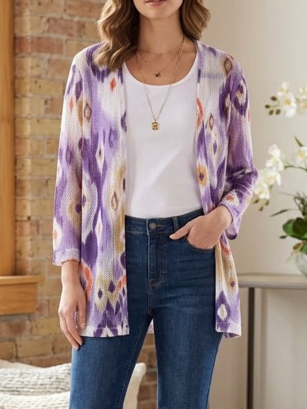 Alfred Dunner Purple and Cream Ikat Open-Front Knit Tunic
